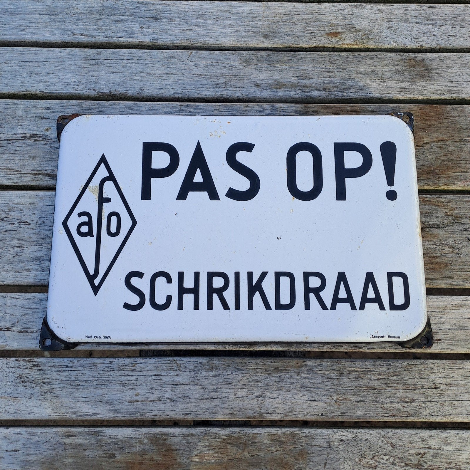 pas op! schrikdraad Afo - Langcat emaille reclamebord, Verzamelen, Ophalen of Verzenden, Gebruikt, Reclamebord