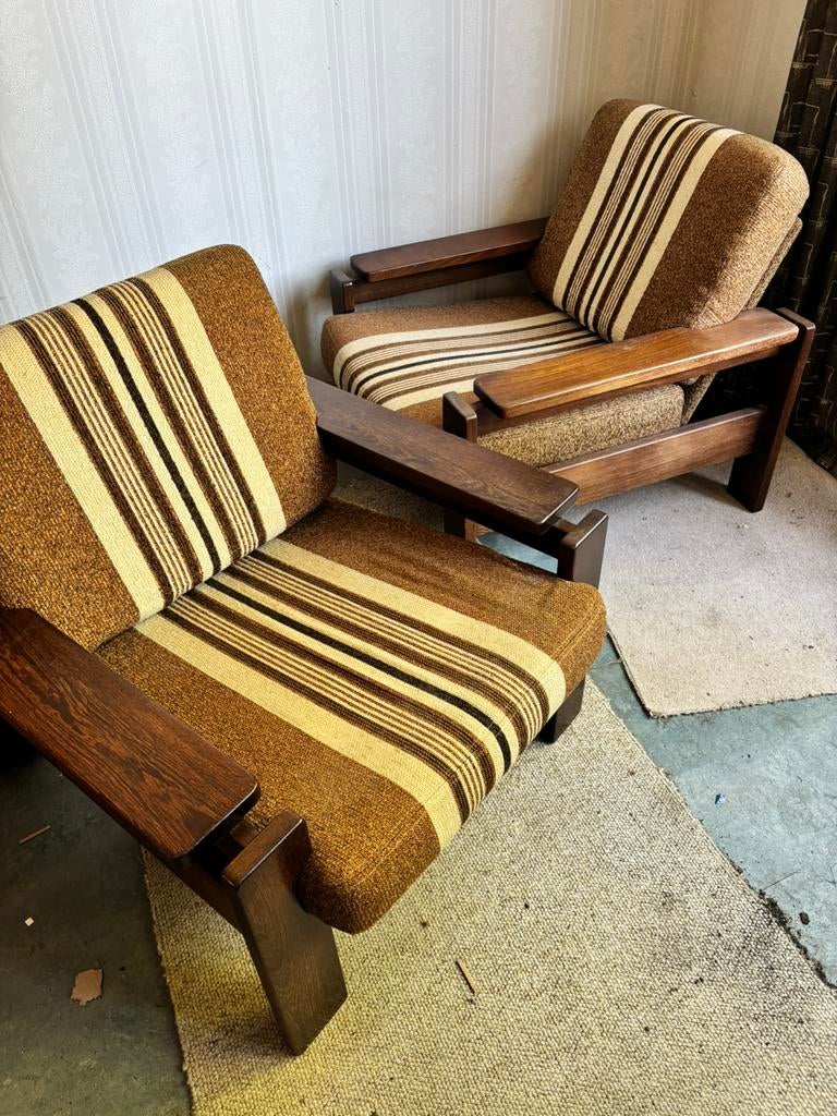 Twee jaren 70 stoelen, Huis en Inrichting, Stoelen, Ophalen, Gebruikt, Twee, Bruin