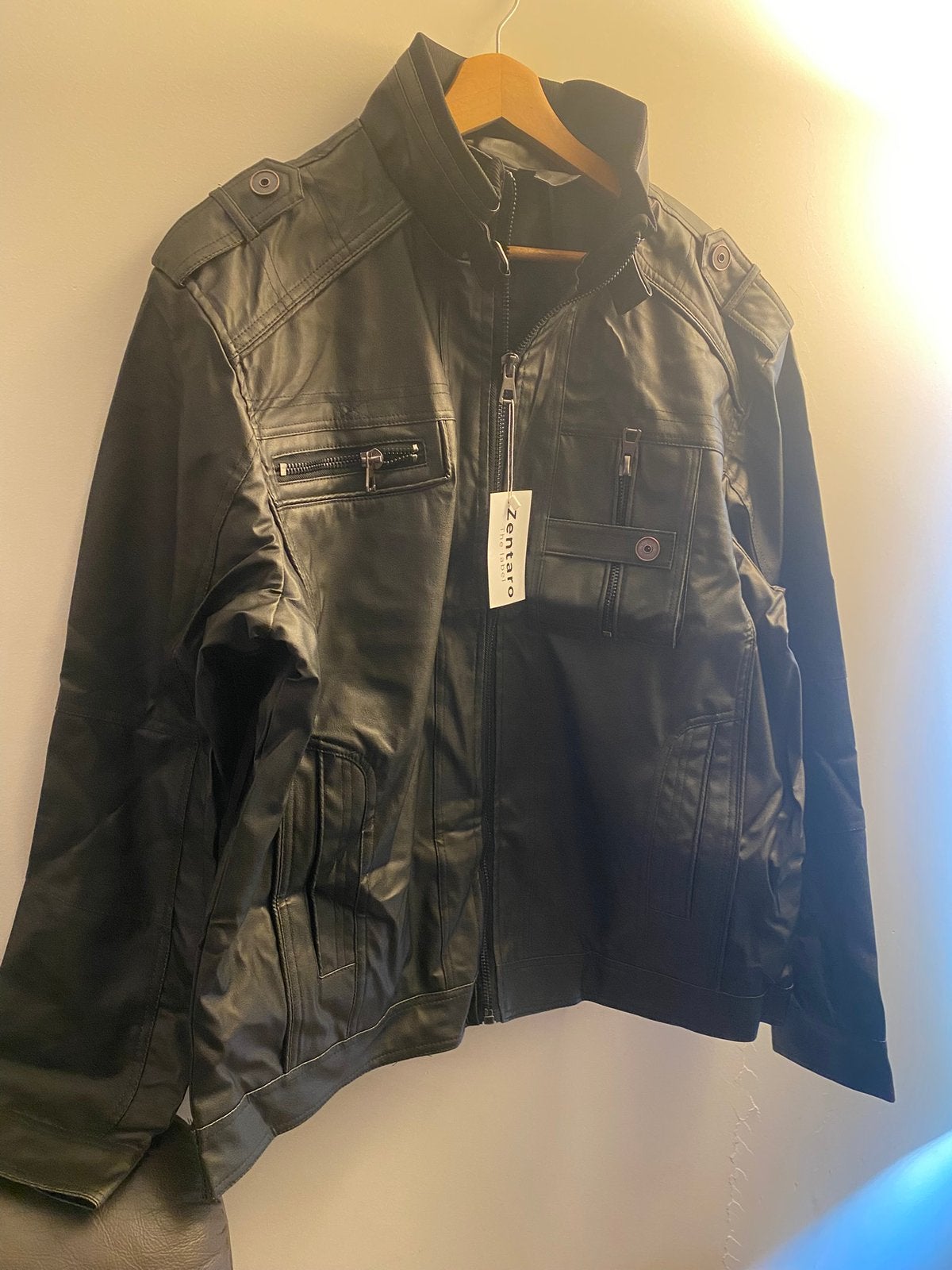 Men's Black PU Leather Biker Jacket | Rib Knit Collar, Kleding | Heren, Ophalen of Verzenden, Nieuw, Maat 52/54 (L), Zwart