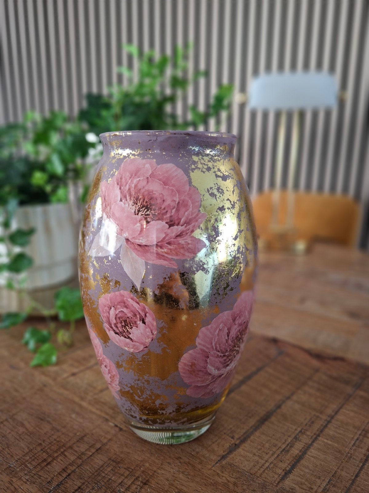 Handgemaakte Decoupage Vaas met Rozen en Goudfolie, Ophalen of Verzenden