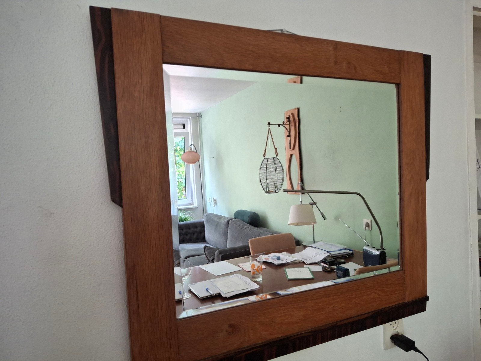 Houten spiegel  vintage/ art deco. 80 x 90 cm, Ophalen, Gebruikt, 75 tot 100 cm, Minder dan 100 cm