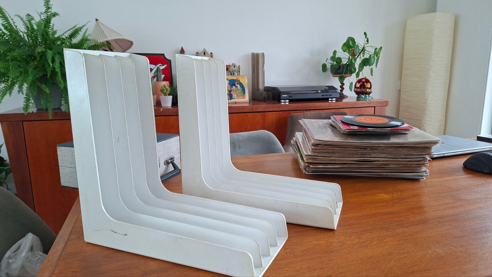 Set van 2 vintage witte LP houders van kunststof, Vintage, Gebruikt, Kunststof, Ophalen of Verzenden