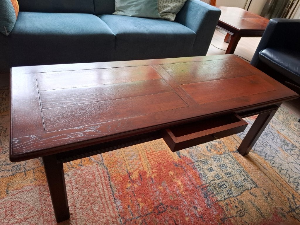 Prachtige Schuitema salontafel met laatje, Ophalen, 100 tot 150 cm, Eikenhout, 50 tot 100 cm