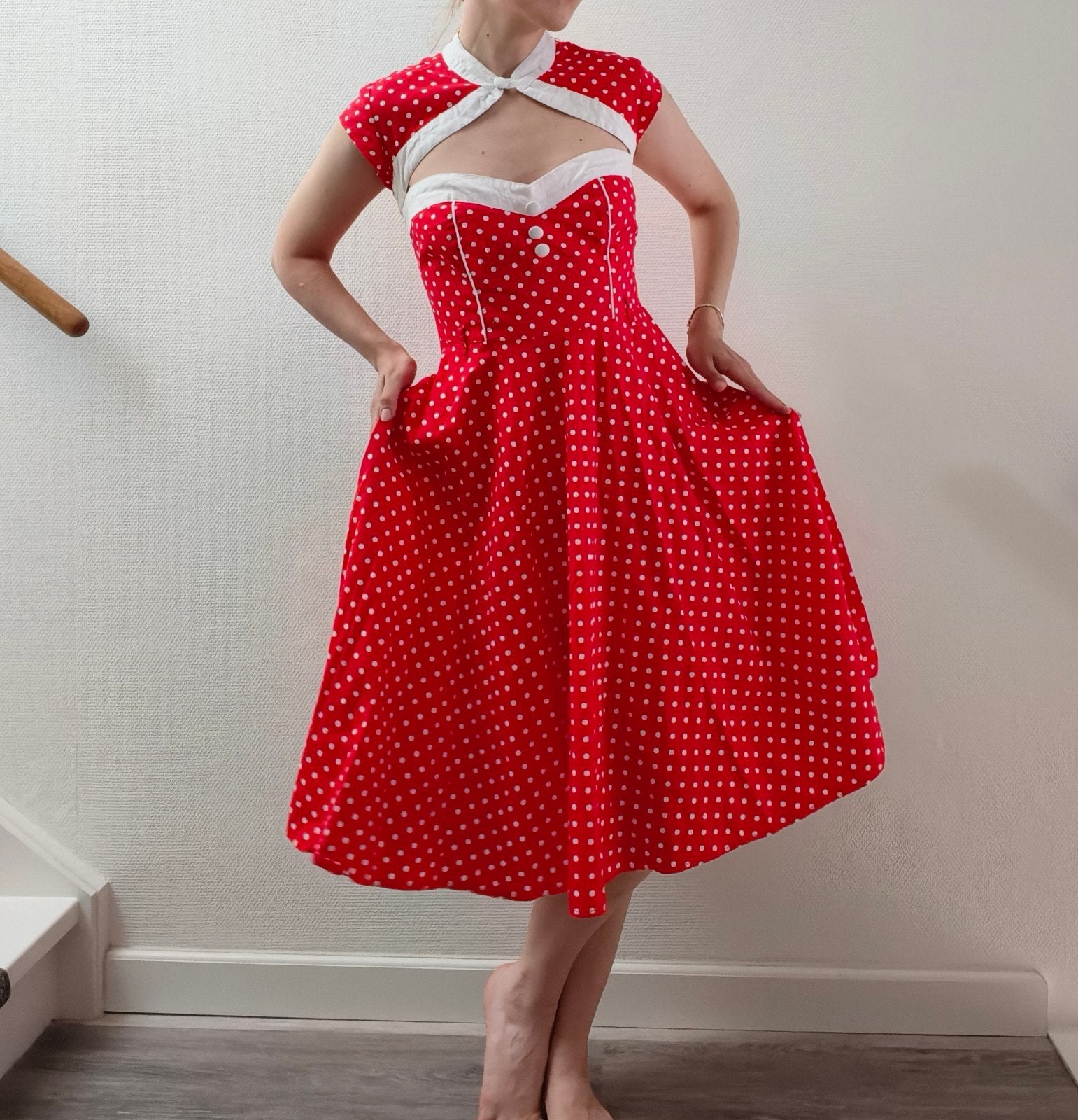 Hell Bunny Vixen Rode Polkadot Vintage Swing Jurk Maat S, Hell Bunny Vixen, Ophalen of Verzenden, Zo goed als nieuw, Knielengte