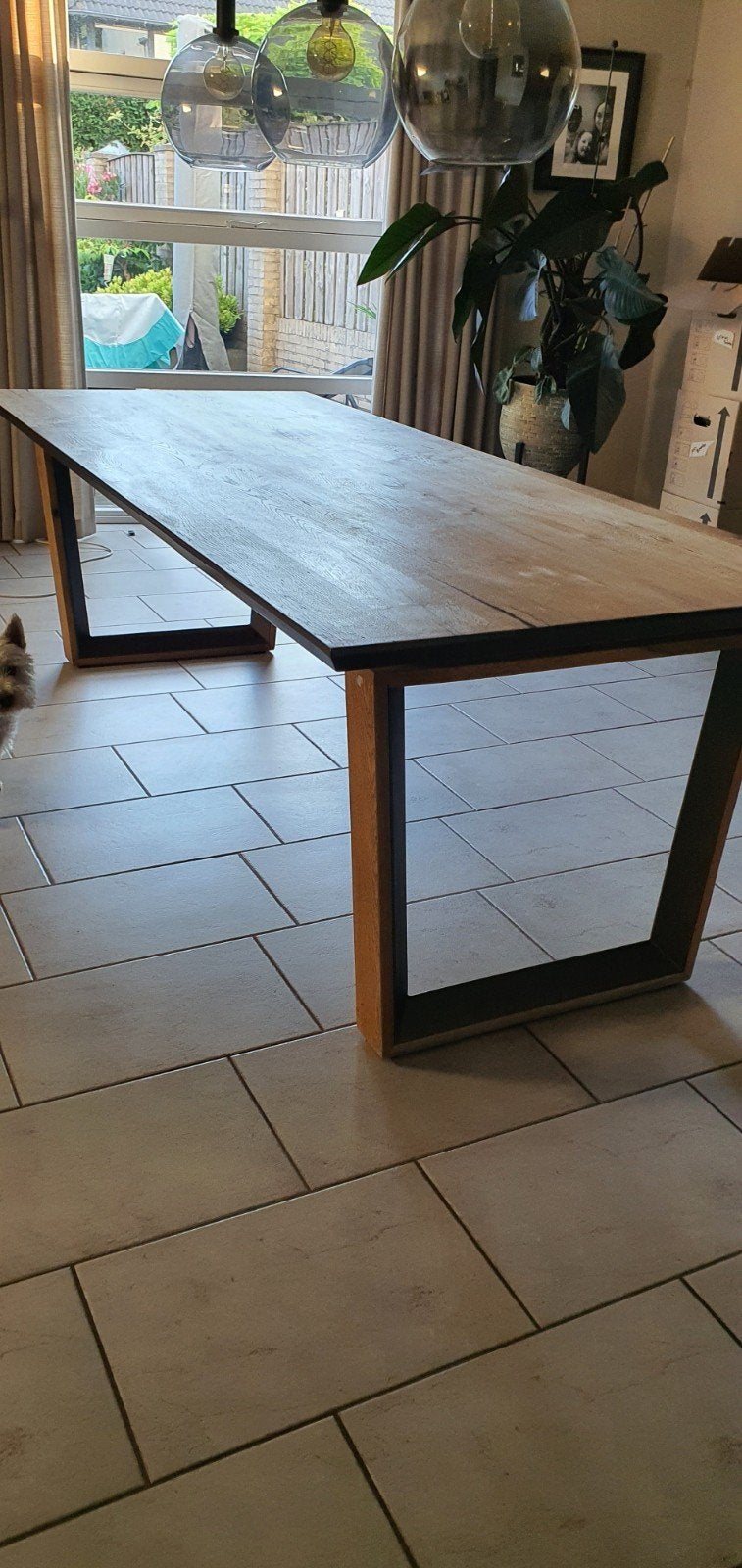 Moderne Massief Eiken Eettafel met Trapezium Poten, Huis en Inrichting, Ophalen, Gebruikt, 100 tot 150 cm, Modern, Industrieel