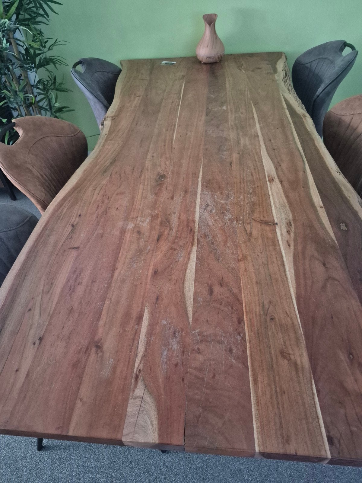 Massief houten eettafel met metalen onderstel, Gebruikt, Industrieel, robuust, 200 cm of meer, 50 tot 100 cm