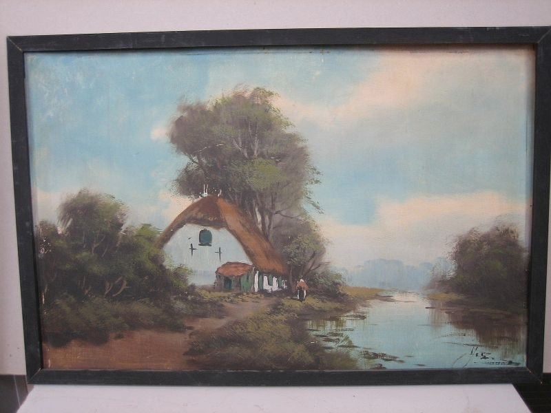 Schilderij witte boerderij met boerin, Antiek en Kunst, Kunst | Schilderijen | Klassiek, Ophalen of Verzenden