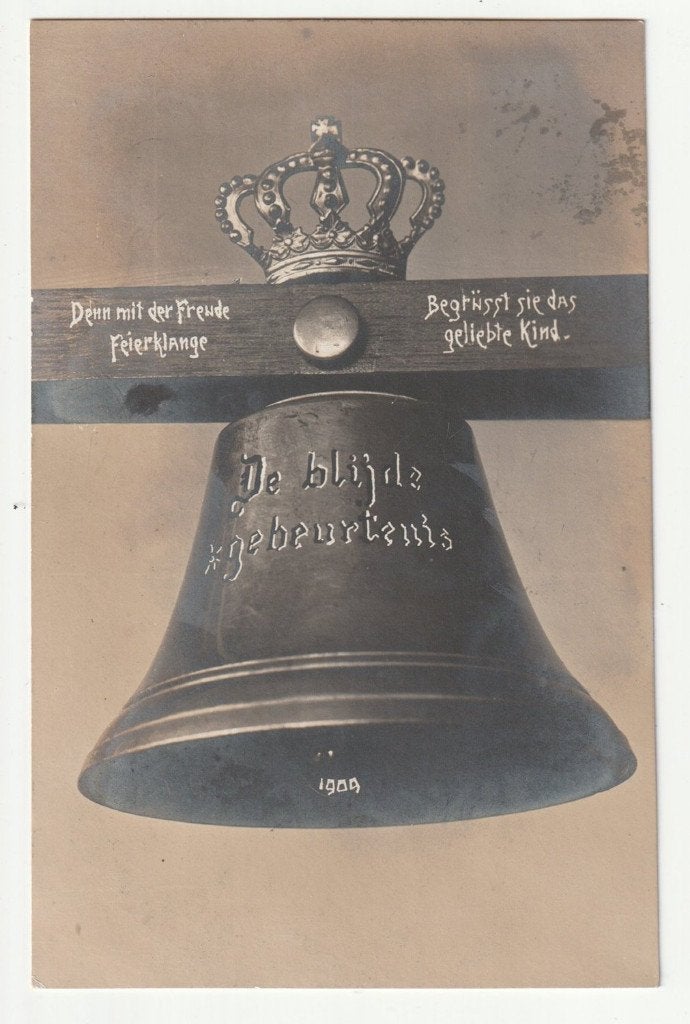 Ansichtkaart klok geboorte Juliana 1909, Gebruikt, Verzenden, Kaart, Foto of Prent, X