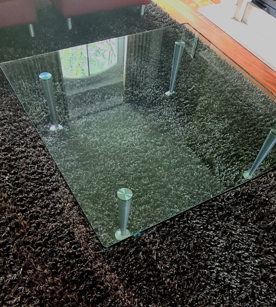 GLAZEN SALONTAFEL, Huis en Inrichting, Ophalen, Gebruikt, 100 tot 150 cm, Vierkant