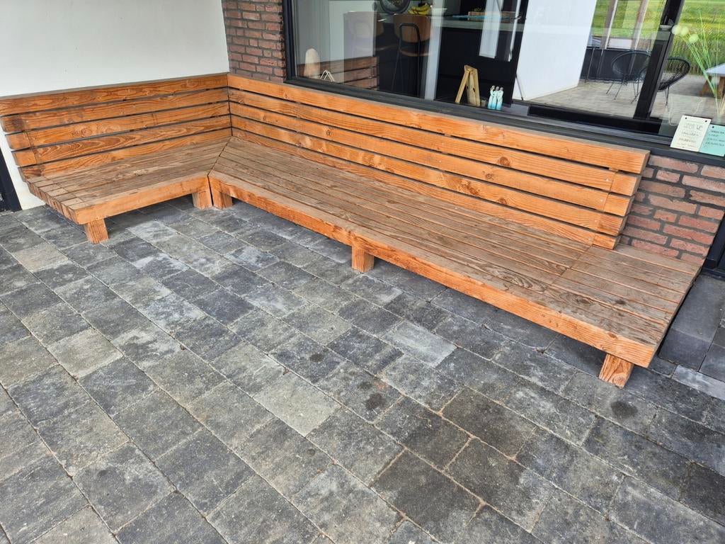 Douglas hoekbank met kussens, Tuin en Terras, Ophalen, Zo goed als nieuw, Hout