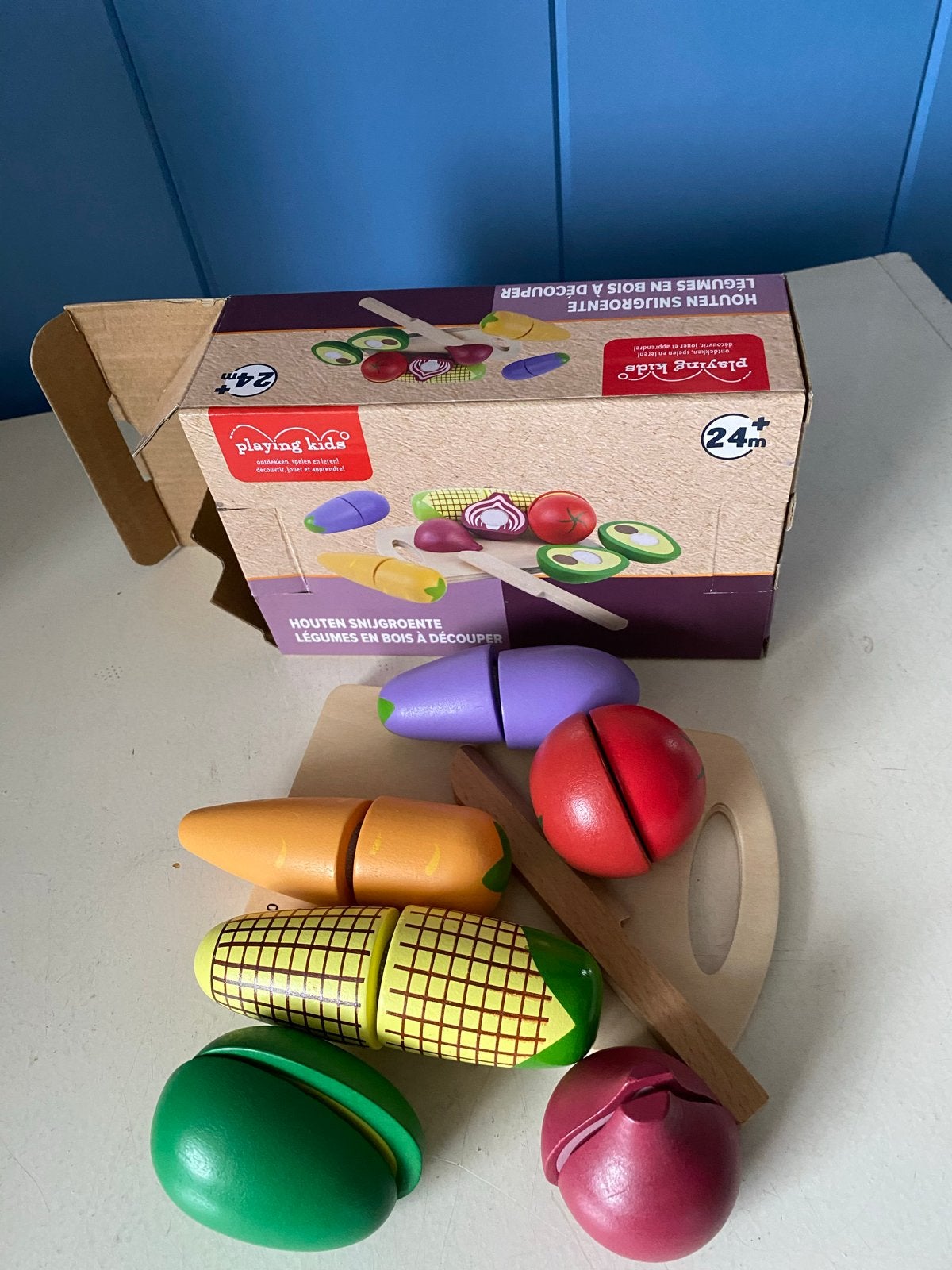 Houten snijgroenten speelset met doos - Playing Kids, Kinderen en Baby's, Ophalen of Verzenden, Zo goed als nieuw, Overige typen