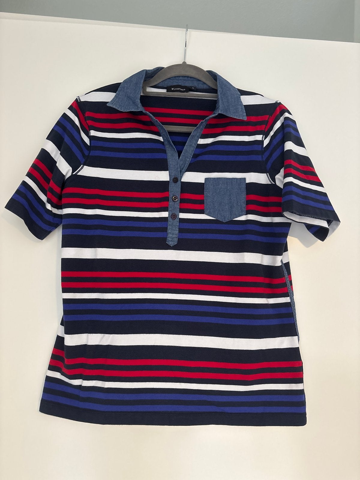 Witteveen gestreept T-shirt met korte mouwen en kraag, Blauw, Maat 42/44 (L), Ophalen of Verzenden, Korte mouw