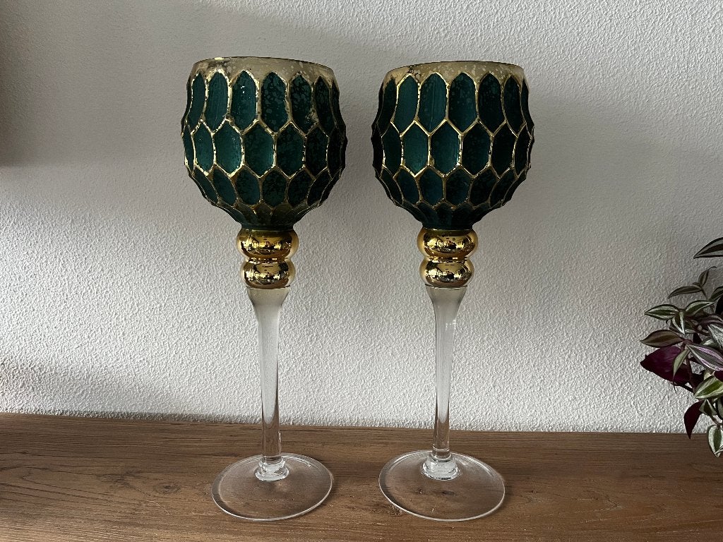 Set van 2 groene en gouden kandelaars  sfeerlichten, Overige merken, 35 cm, Ophalen of Verzenden, Kandelaar