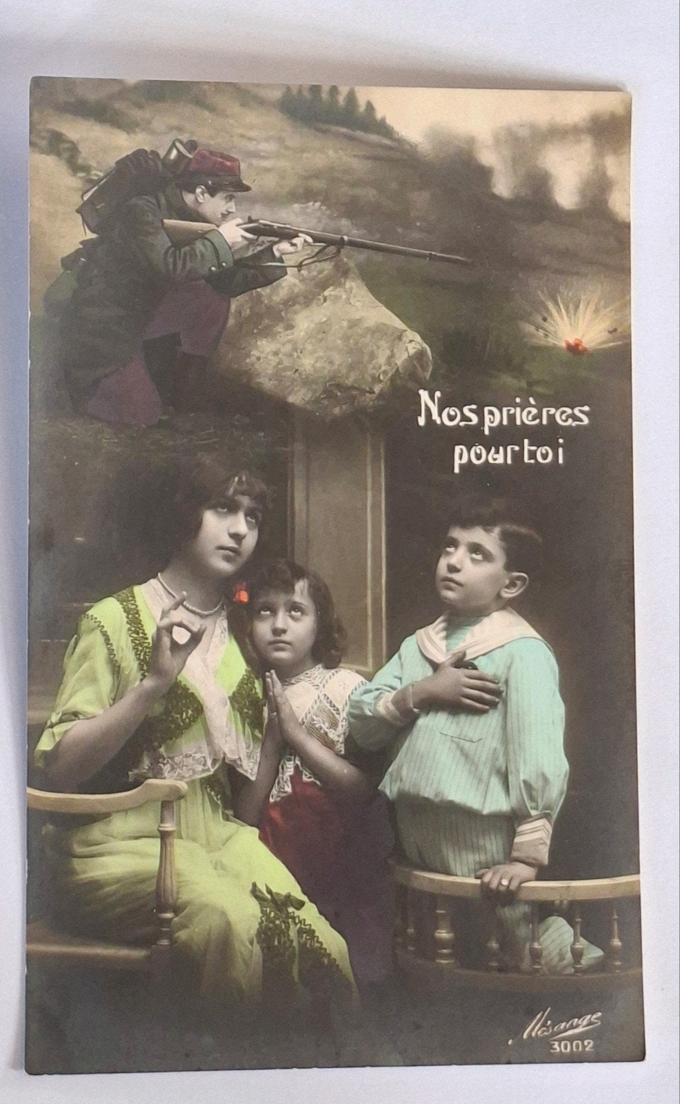 Ansichtkaart- WO1- Frankrijk- soldaat- gezin- ongelopen, Verzamelen, Ophalen of Verzenden, Overige soorten, Overige gebieden, Foto of Poster