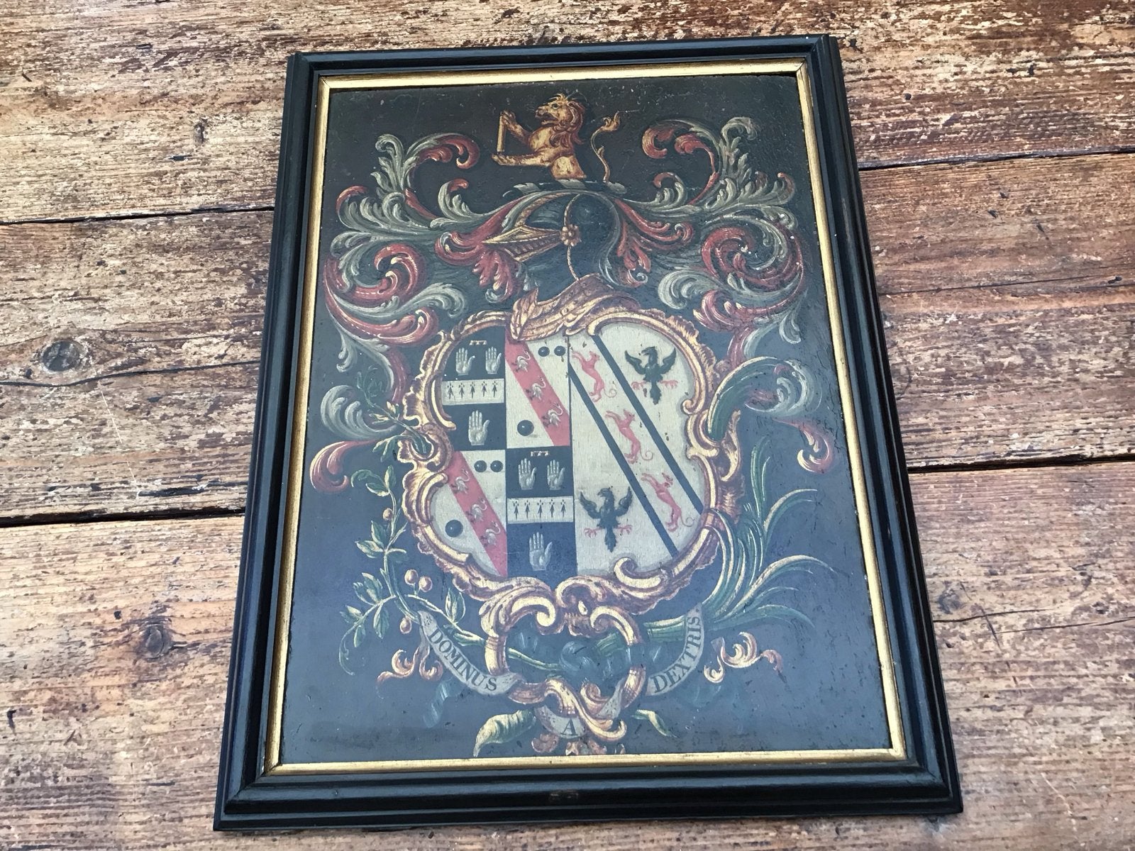 Antiek schilderij wapenschild/familiewapen op paneel, Paneel, Ophalen of Verzenden, Handgeschilderd, Olieverf