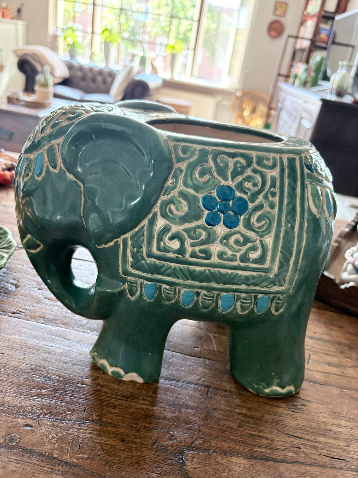 Vintage olifant bloempot, groen., Tuin en Terras, Bloempotten, Ophalen, Overige materialen, Gebruikt, Balkon