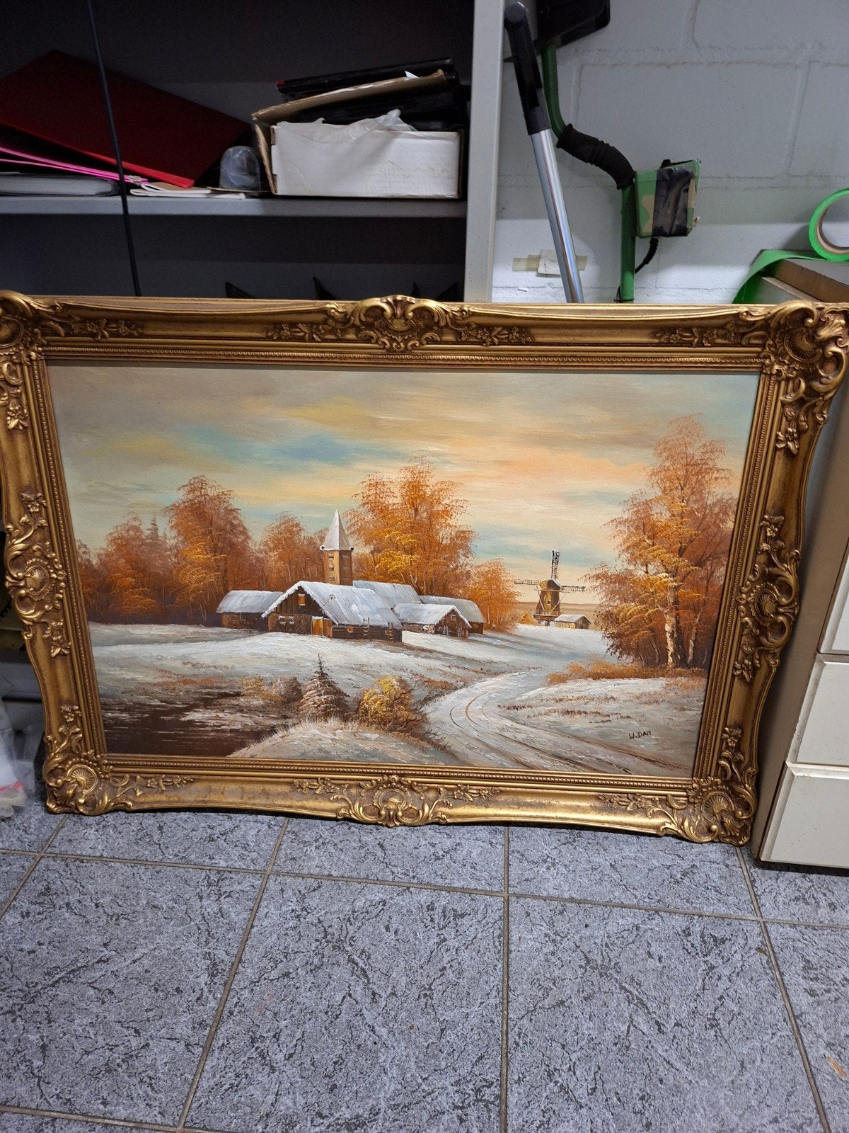 Schilderij Winterlandschap met Molen en Kerk - W. Dam, Antiek en Kunst, Ophalen, Doek, Realistisch, Landschap