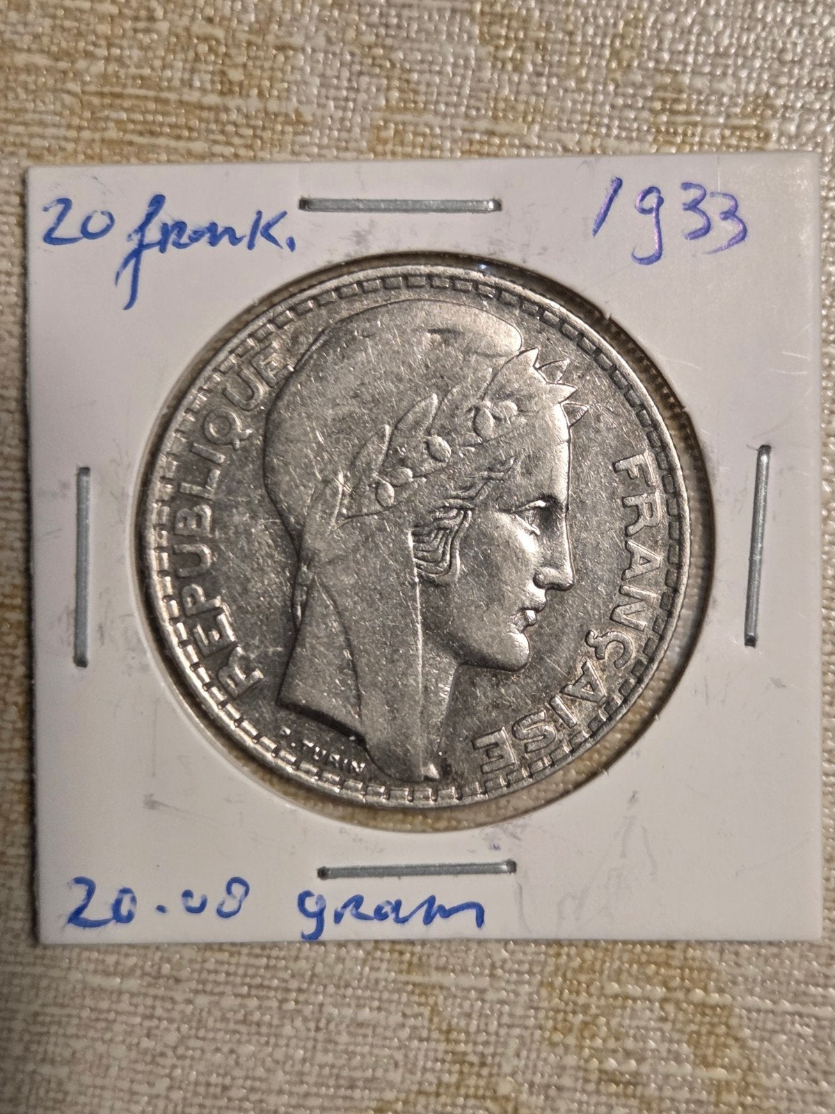 Zilveren 20 Frank munt Frankrijk 1933 - 20.00 gram, Ophalen of Verzenden