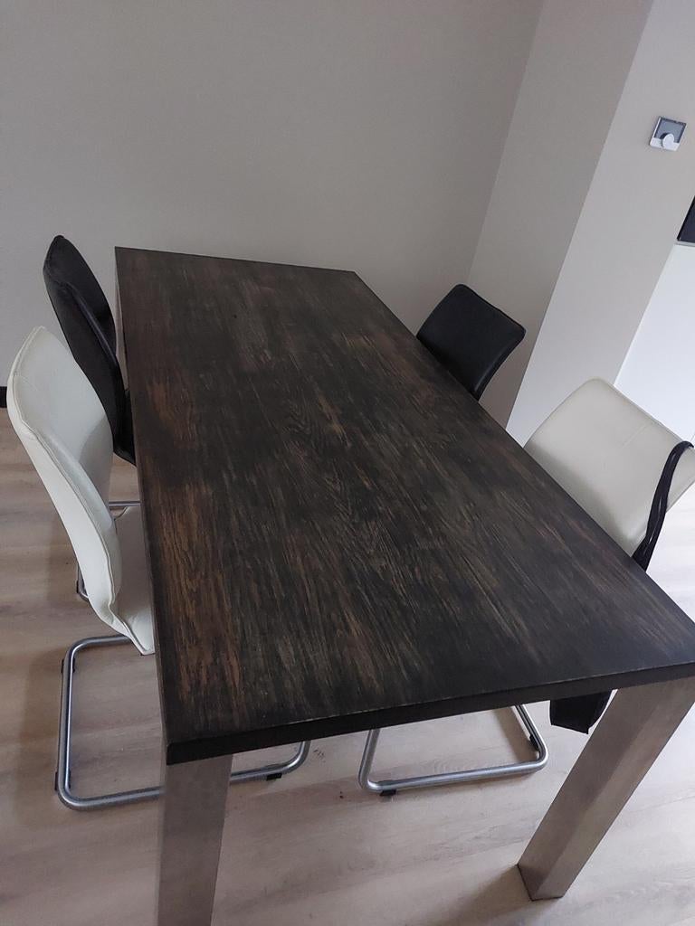 Massief houten eettafel met rvs poten, bijenkorf, Huis en Inrichting, Tafels | Eettafels, Ophalen, Gebruikt, 50 tot 100 cm, Vijf personen of meer