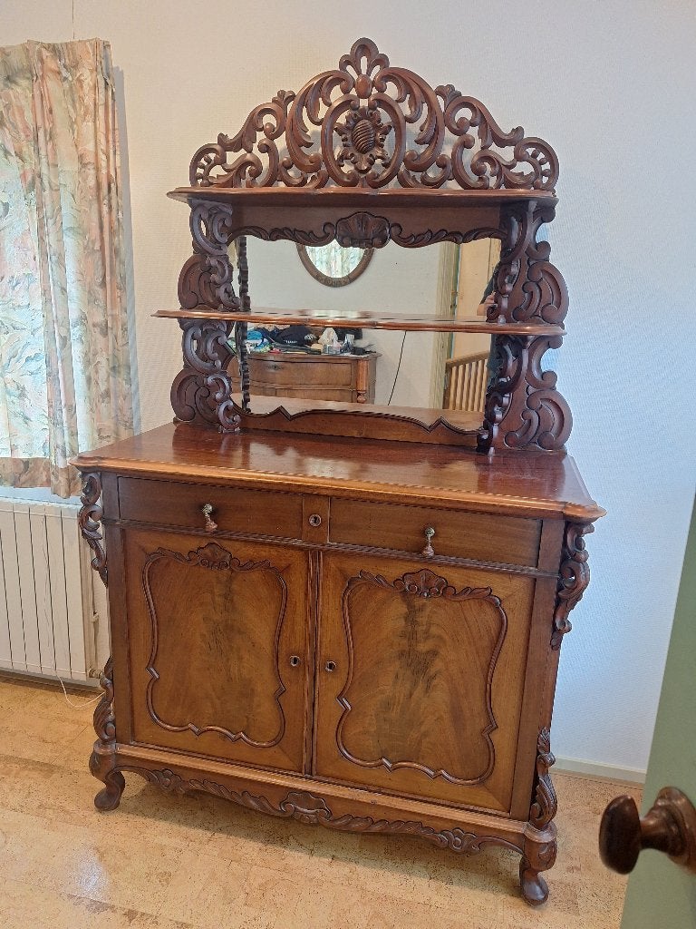 Antiek kastje Biedermeier spiegel lade deurtjes ornamenten, Ophalen