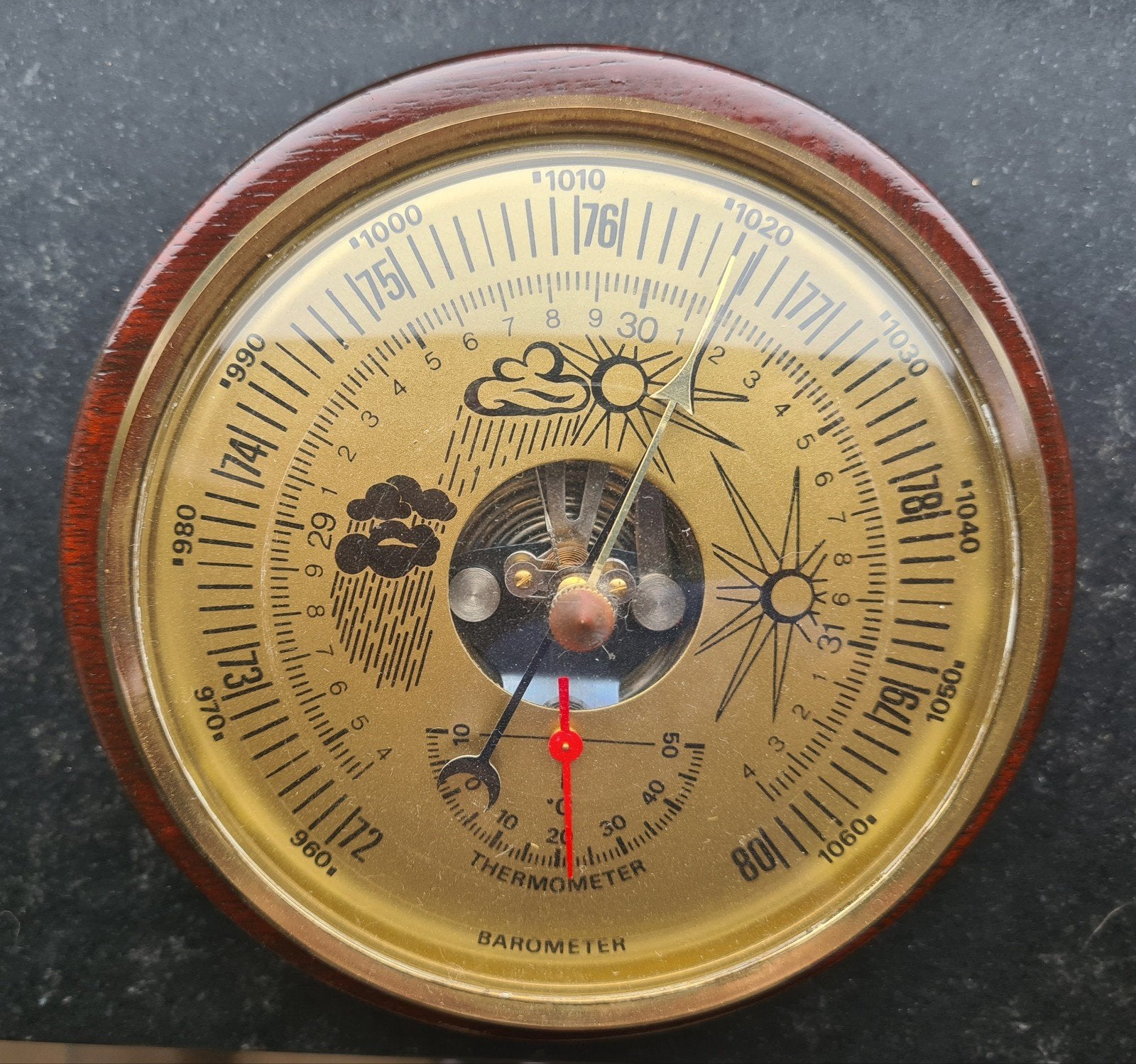 Vintage Barometer met Thermometer - Hout en Messing, Ophalen, Gebruikt, Barometer