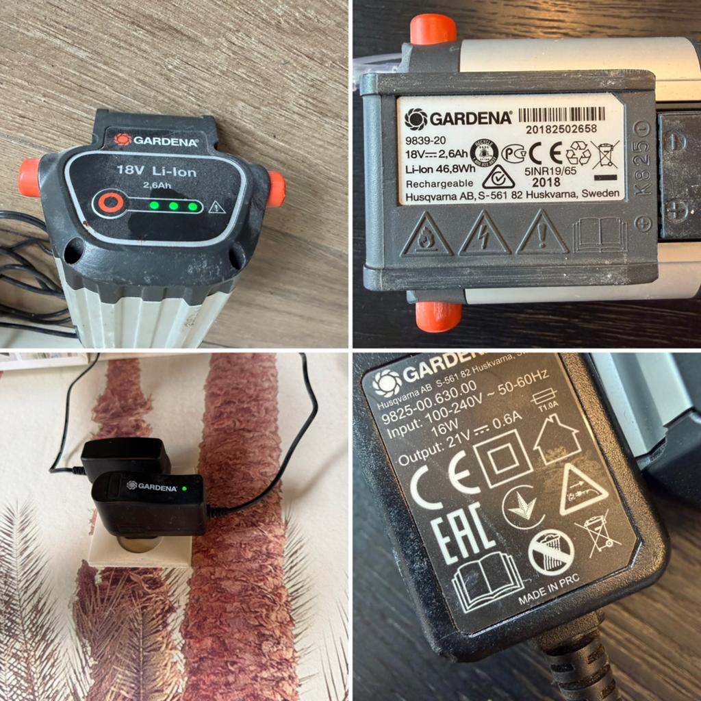 Gardena 18V Li-Ion Accu 2.6Ah + Lader BLi-18 HeartBeat, Ophalen of Verzenden, Gebruikt, Overige soorten