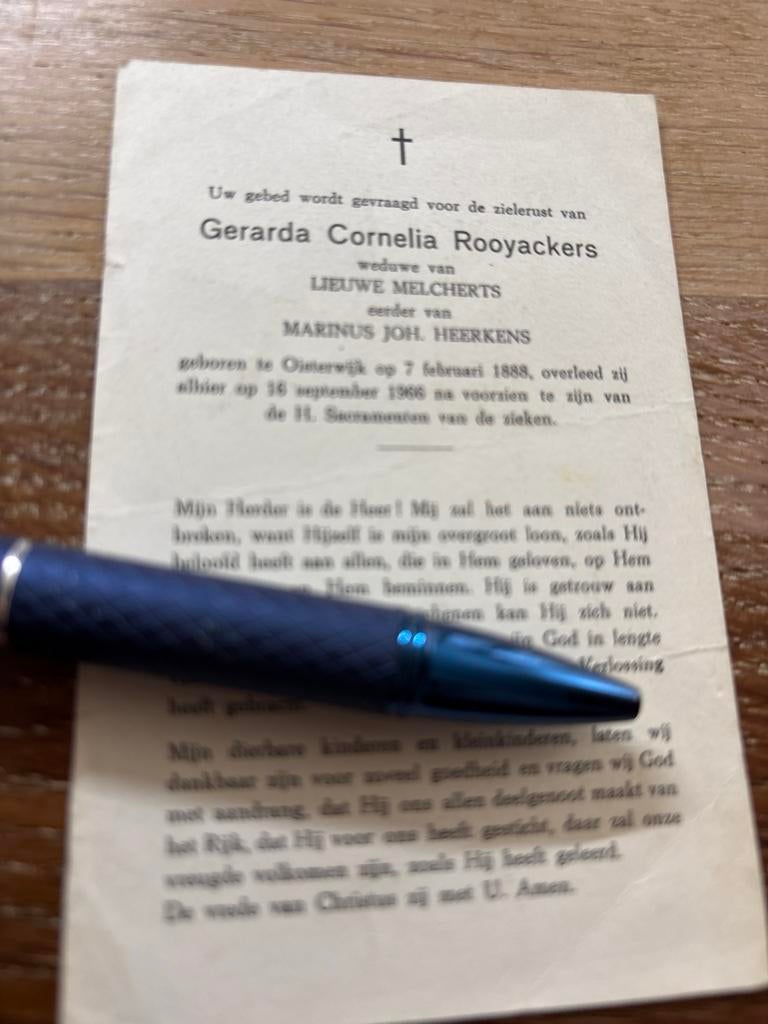 Rooyackers Gerarda Oisterwijk 1966 x Melchers x Heerkens, Ophalen of Verzenden, Bidprentje