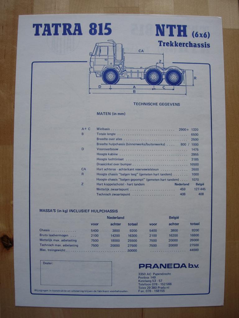 Tatra 815 NTH 6x6 Technische Specificatie Brochure 1987, Tatra, Ophalen of Verzenden, Zo goed als nieuw, Overige merken
