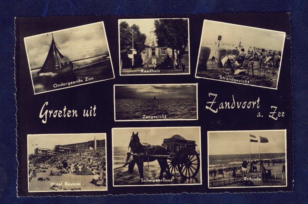 Zandvoort - Groeten uit - 1955 - o.a. Hotel Bouwes e.a., Ophalen of Verzenden, 1940 tot 1960, Gelopen, Noord-Holland