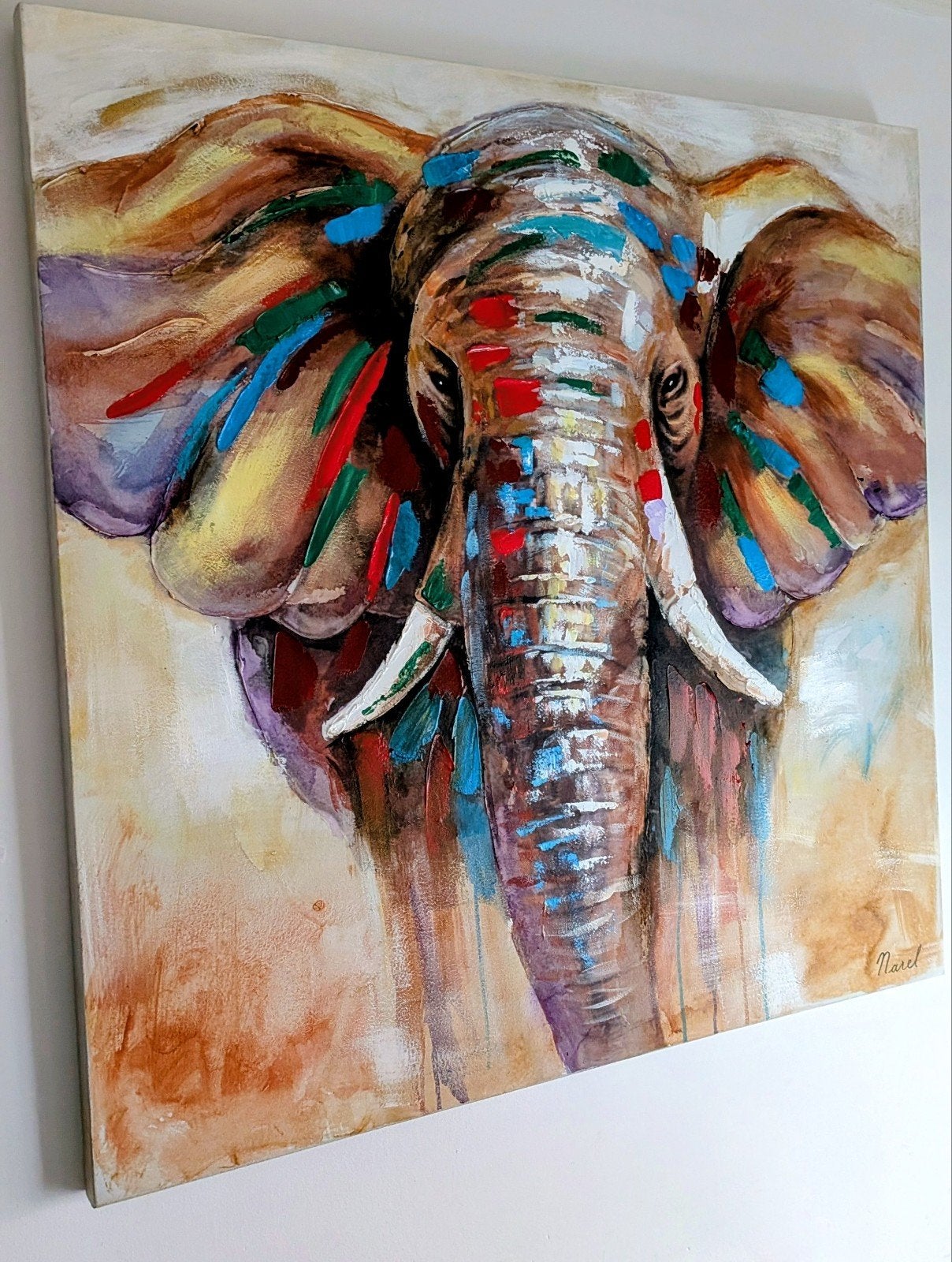 Olieverf Schilderij Olifant - Handgeschilderd 1x1m, Ophalen, Handgeschilderd, Olieverf, Dieren
