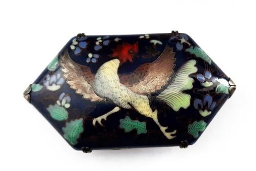 Unieke broche, porseleinen schildje met haan, antiek Japans, Ophalen, Zilver, Broche