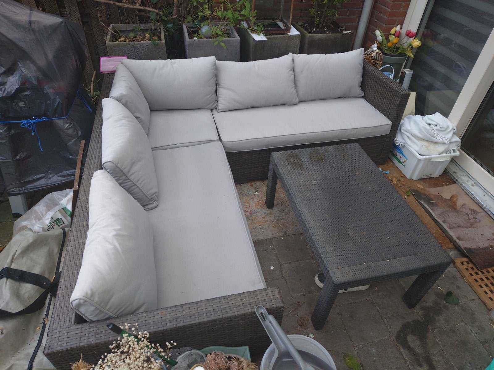 Mooie (tuin) hoekzitbank met tafel ., Tuin en Terras, Tuinsets en Loungesets, Ophalen, Kunststof, Gebruikt, 6 zitplaatsen