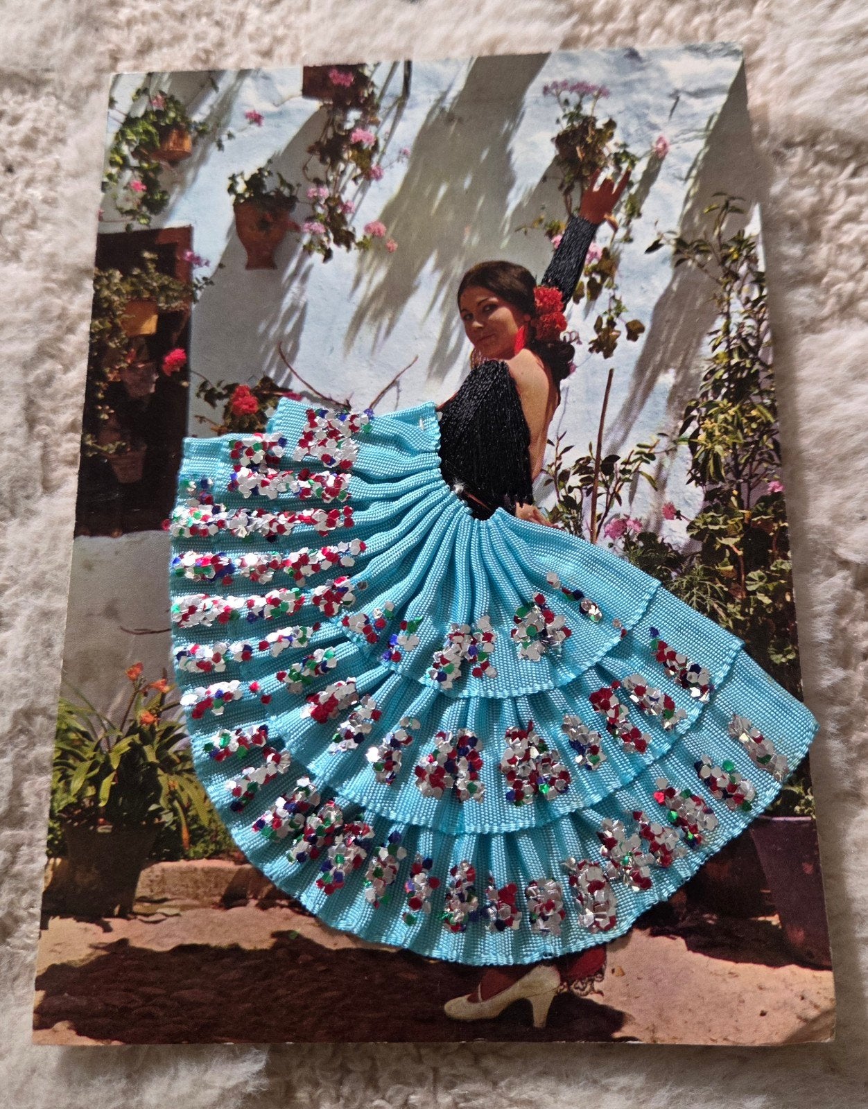 Spaanse Flamenco Danseres Ansichtkaart met Pailletten, Verzenden, 1960 tot 1980, Gelopen, Overige thema's