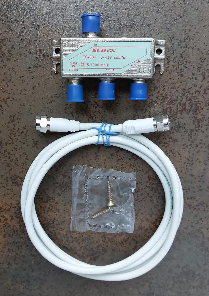Splitter, 3 way, F connectors, nieuwe kabel, Ophalen of Verzenden, Gebruikt