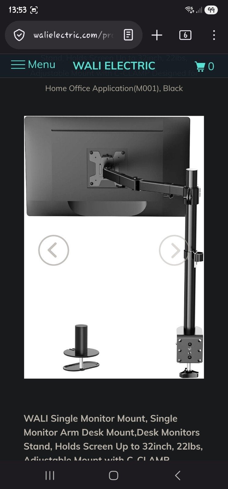 WALI Enkele Monitorarm voor Bureau (M001), Zwart, Ophalen of Verzenden, Nieuw