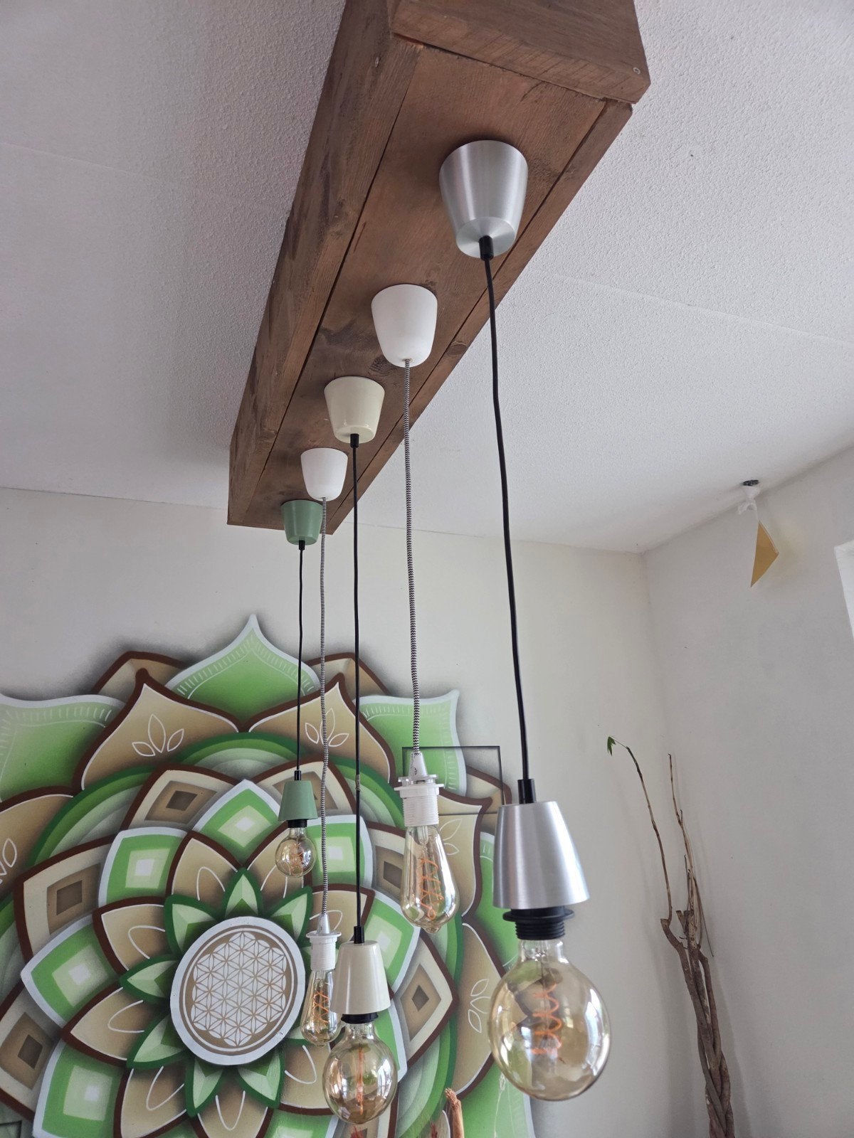 Houten balklamp met 5 pendels, 1 meter, Huis en Inrichting, Ophalen, Gebruikt, Hout, Industrieel, Landelijk