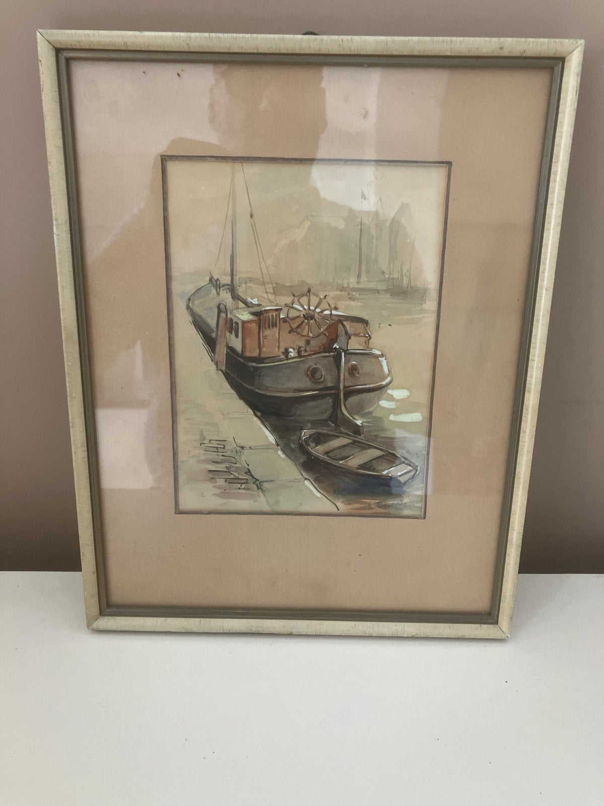 Oud Hollandse aquarel van schip met roeiboot, Maritiem / water, Oud hollands, Ophalen of Verzenden, Gesigneerd