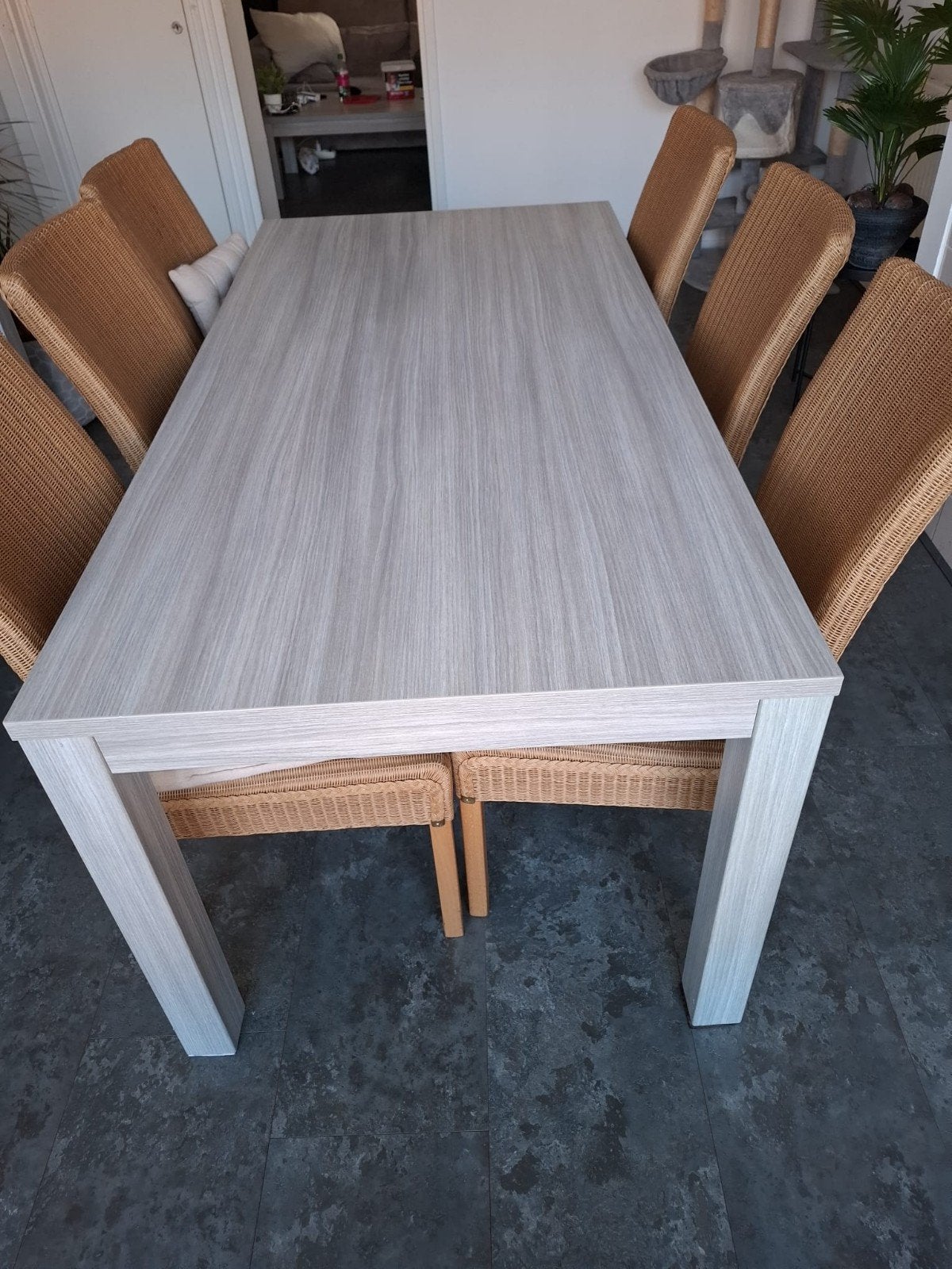 eethoek met 6 rieten stoelen, Ophalen of Verzenden, Gebruikt, 4 tot 6 stoelen