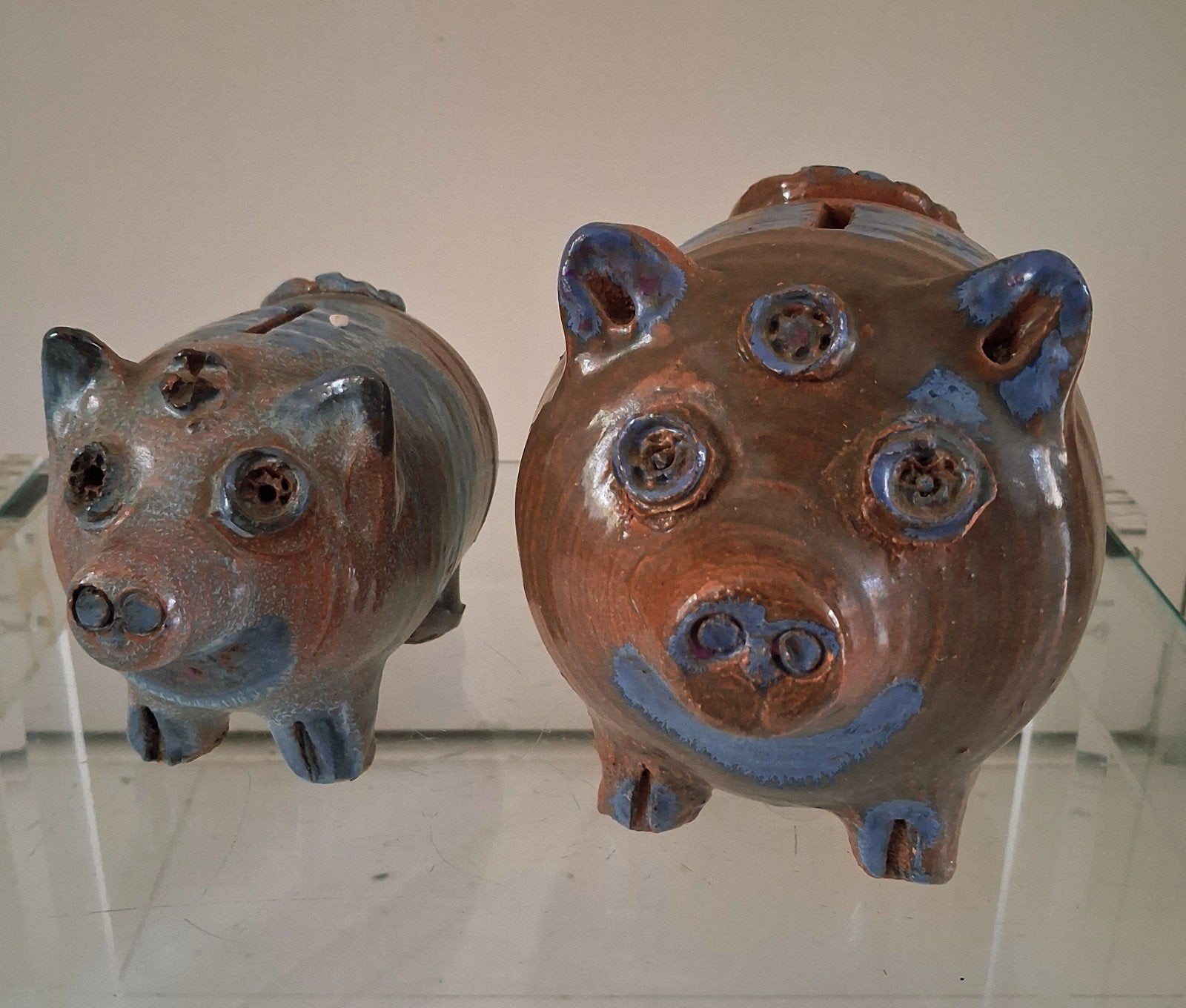 Twee spaarvarkens,steengoed,raku,70es, Ophalen of Verzenden