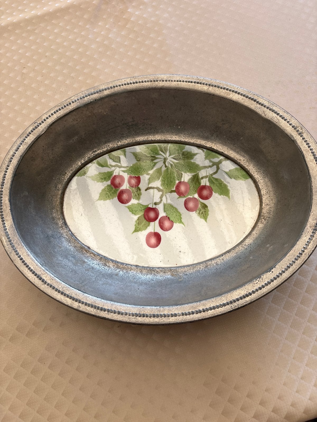 Vintage tinnen schaal met kersen decoratie, Ophalen of Verzenden