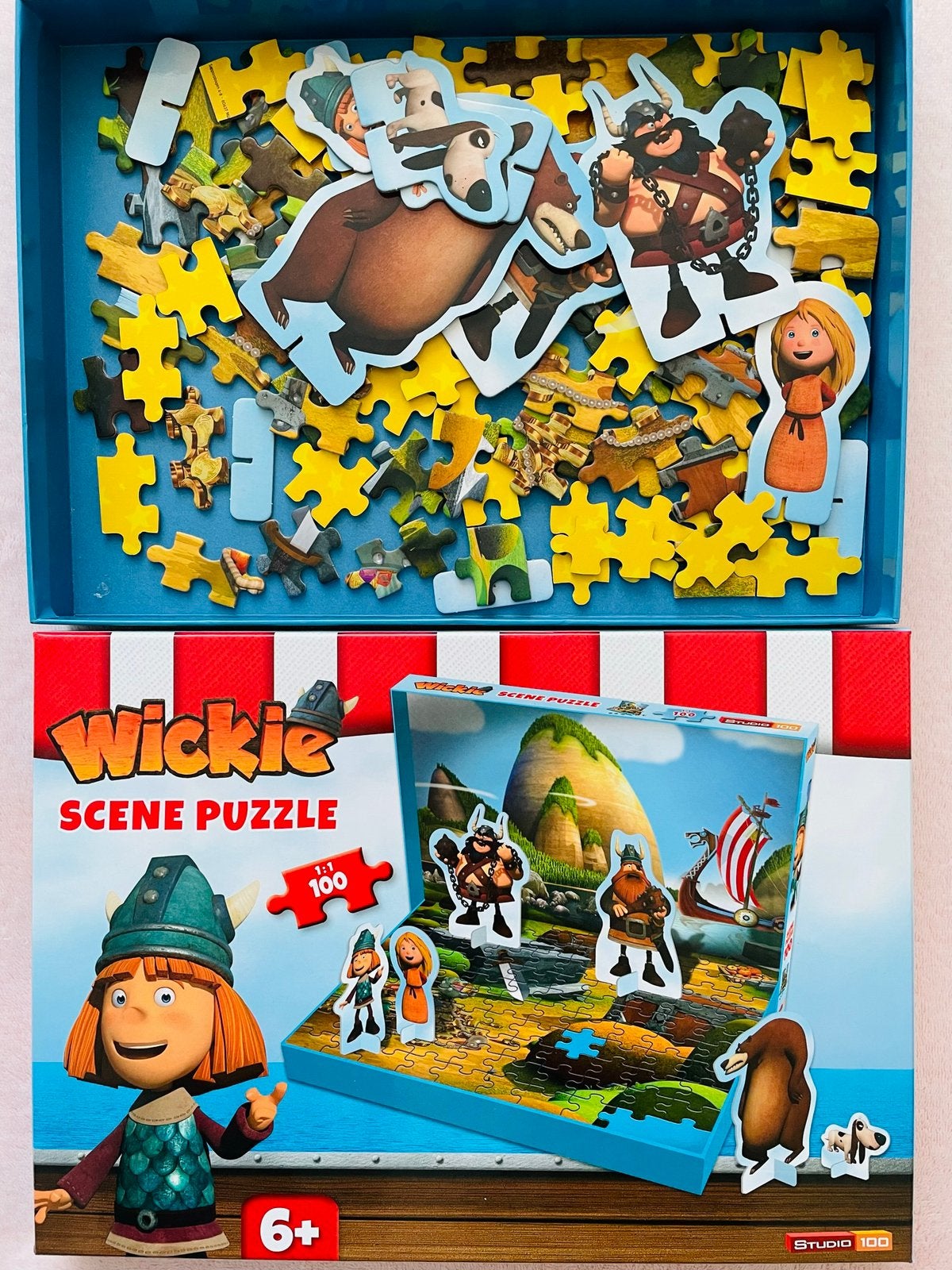 Puzzel + Kartonnen Figuurtjes Wickie de Viking 100 st. 6+, Ophalen of Verzenden, Meer dan 50 stukjes, Zo goed als nieuw, 6 jaar of ouder