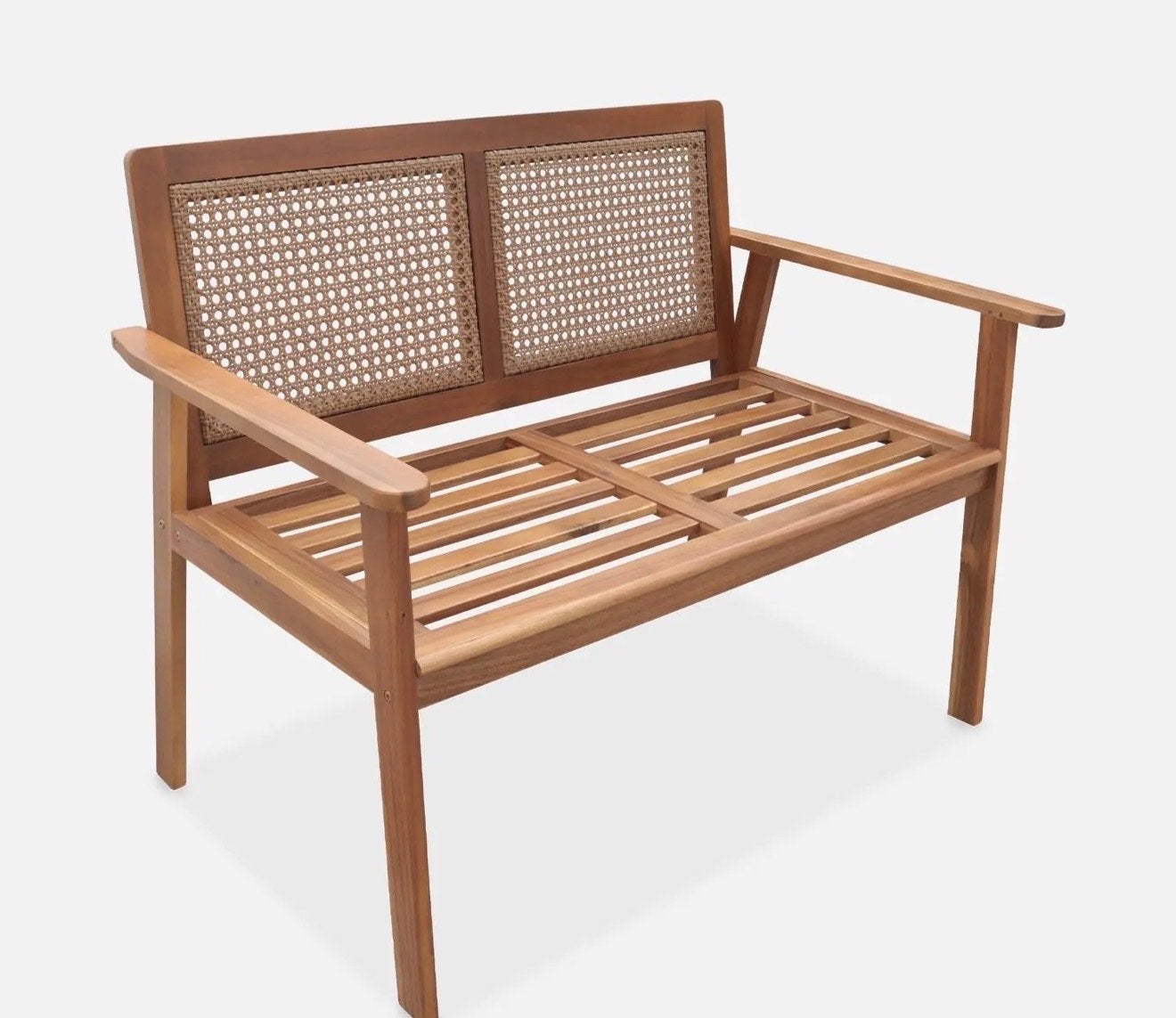 Nieuw Acaciahouten tuinbank met rotan details. €119 nieuw., Tuin en Terras, Ophalen, Nieuw, Hout