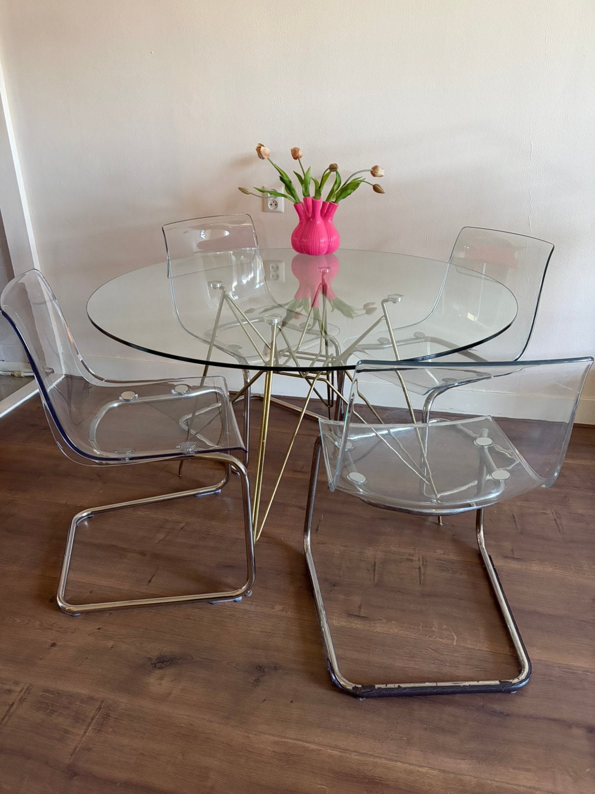 Glazen eettafel met stoelen., Ophalen, 100 tot 150 cm, Rond, Glas