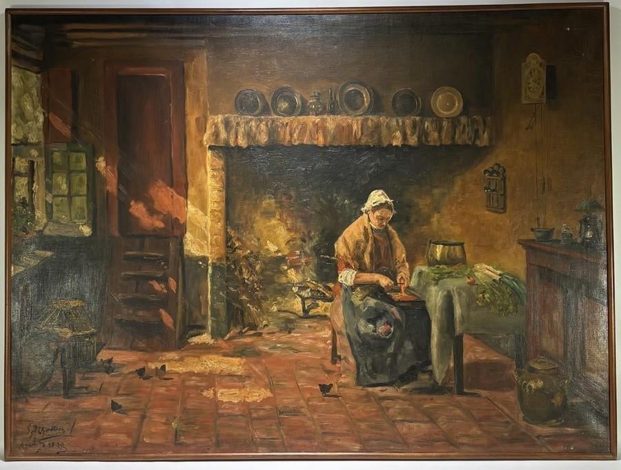 1263. Olieverfschilderij - keukeninterieur, 1899, Antiek en Kunst, Ophalen of Verzenden