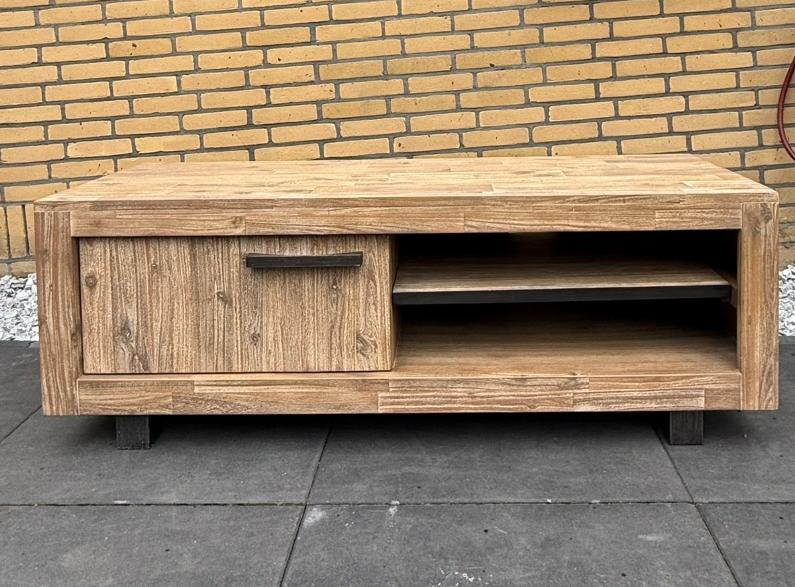Robuust houten TV-meubel met lade en open vakken, Huis en Inrichting, Ophalen, 100 tot 150 cm, Zo goed als nieuw, Minder dan 100 cm