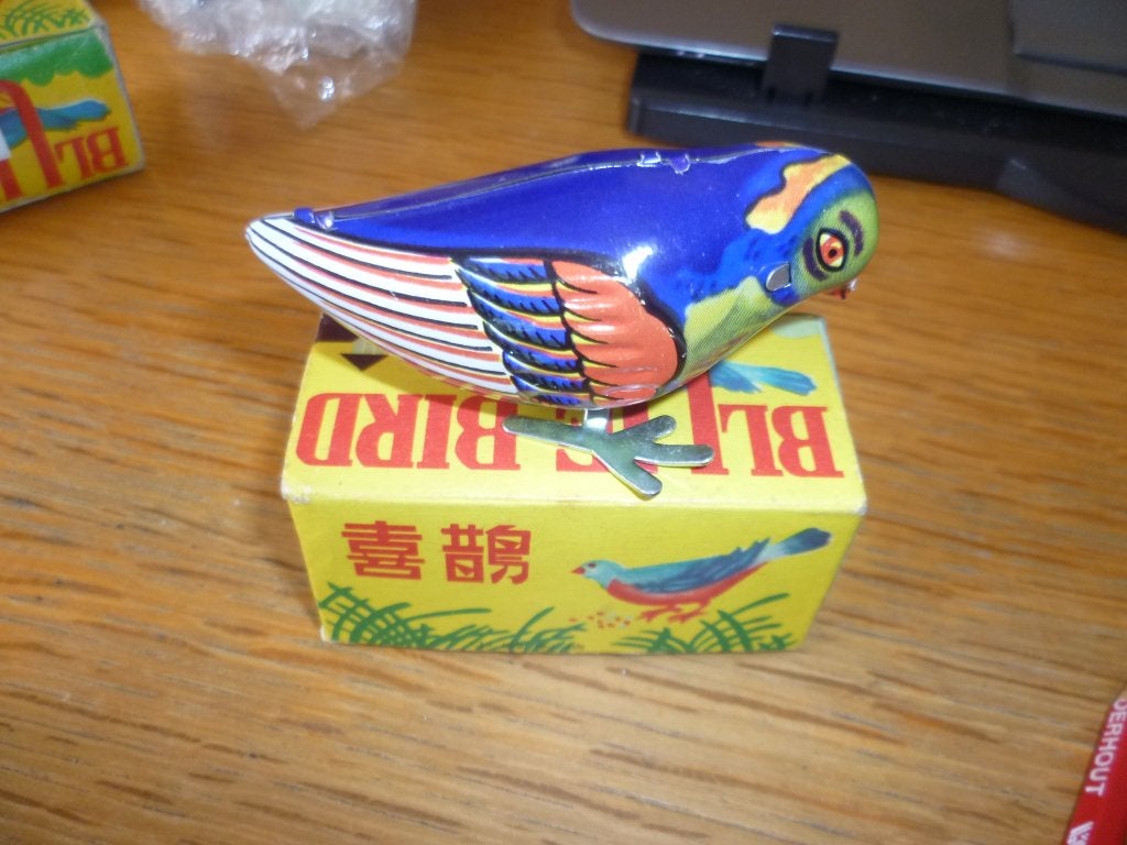 Blikken vogeltje in doosje met opwind sleutel speelgoed, Antiek en Kunst, Ophalen of Verzenden