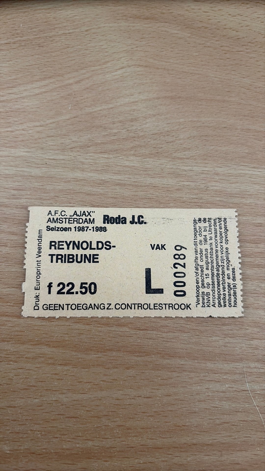 Ticket Ajax Roda jc 1987-88, Ophalen, Zo goed als nieuw, Ajax, Overige typen