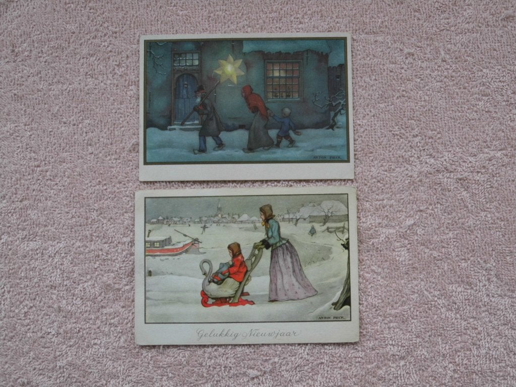 Anton Pieck Kerst- en Nieuwjaarskaarten (3 stuks), Ophalen of Verzenden, Voor 1920, Gelopen, Feest(dag)