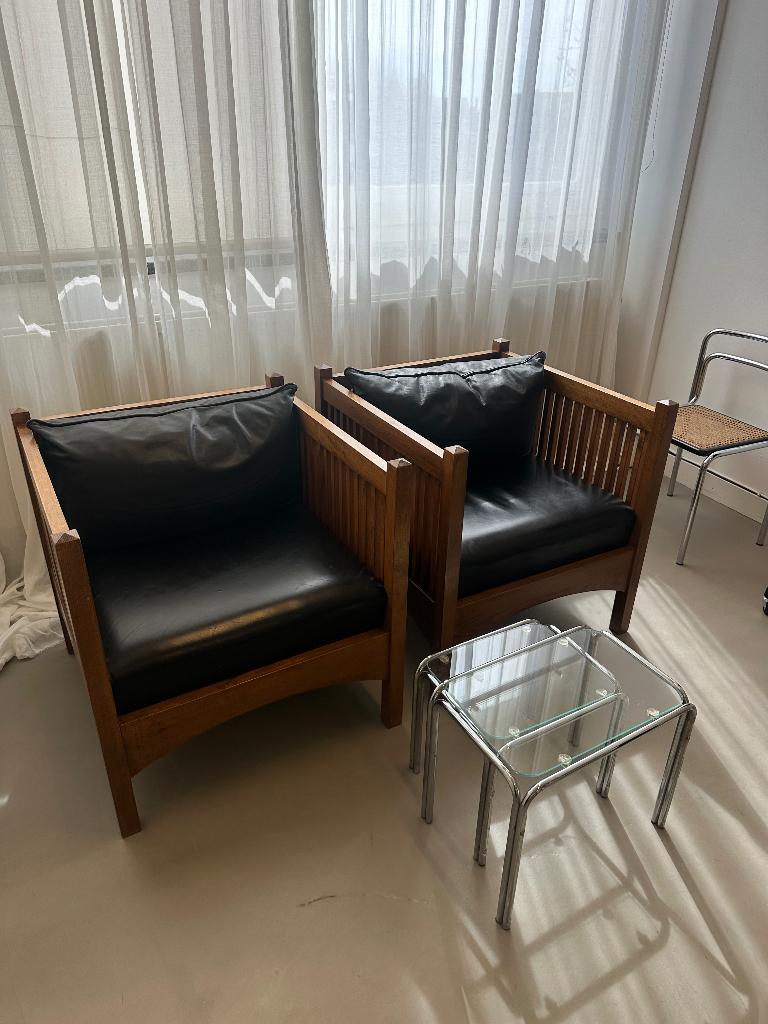 Vintage designer Bijenkorf fauteuils 2 stuks, Huis en Inrichting, Fauteuils, Ophalen, Gebruikt, 75 tot 100 cm, Leer
