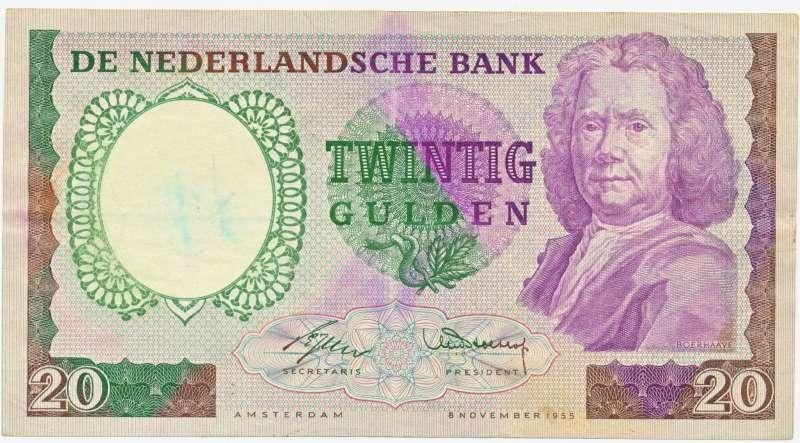 Misdruk Nederland 20 Gulden 1955 Boerhaave, Ophalen of Verzenden, Euro's, Los biljet
